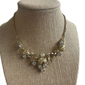 Vintage Coro Leaf and Rhinestone Gold Necklace